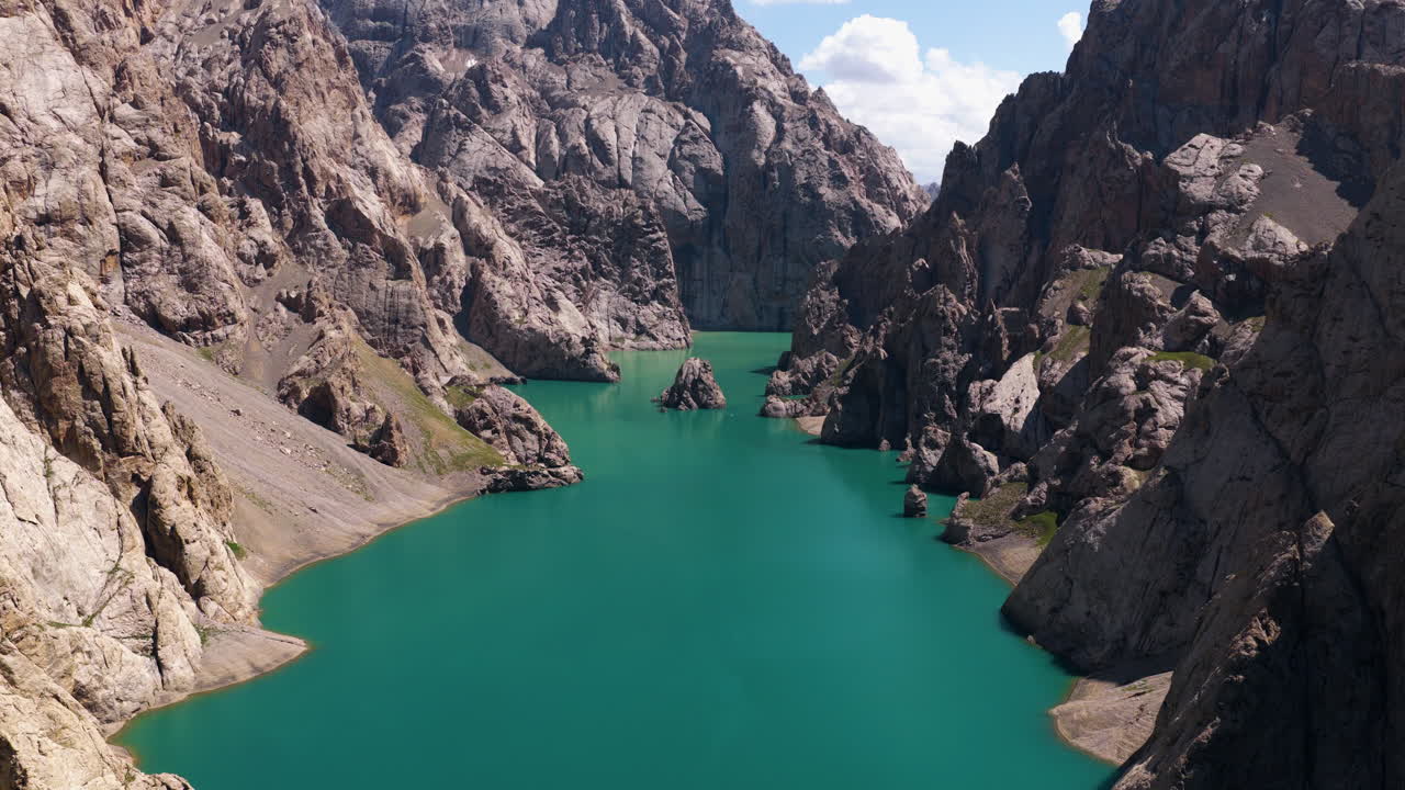Stunning Kel-Suu Alpine Lake In The Naryn Region Of Southeastern Kyrgyzstan. Aerial Shot