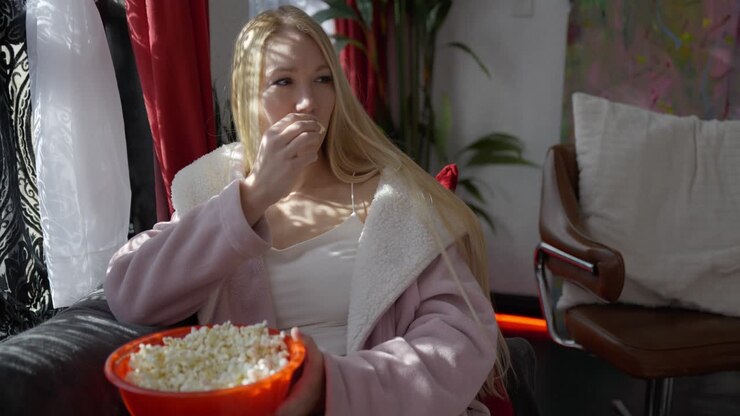 Bella ragazza bionda caucasica seduta su un divano davanti alle finestre, in accappatoio rosa, che si riposa e si rilassa a casa, mangiando popcorn da una grande ciotola rossa e ridendo sorridendo a una commedia o un film.