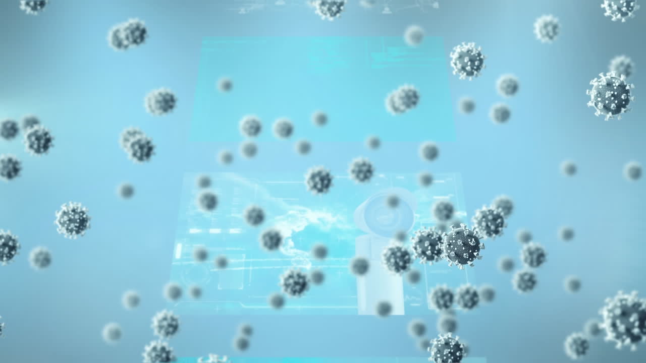 데이터 처리 위를 날아다니는 코로나19 세포의 애니메이션