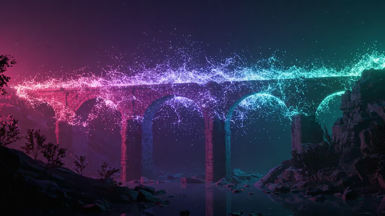 A Nighttime Spectacle of Light and Water: A Vibrant Aqueduct Surrounded by a Mystical Landscape, Featuring Colorful Splashes of Light Cascading Down the Arches