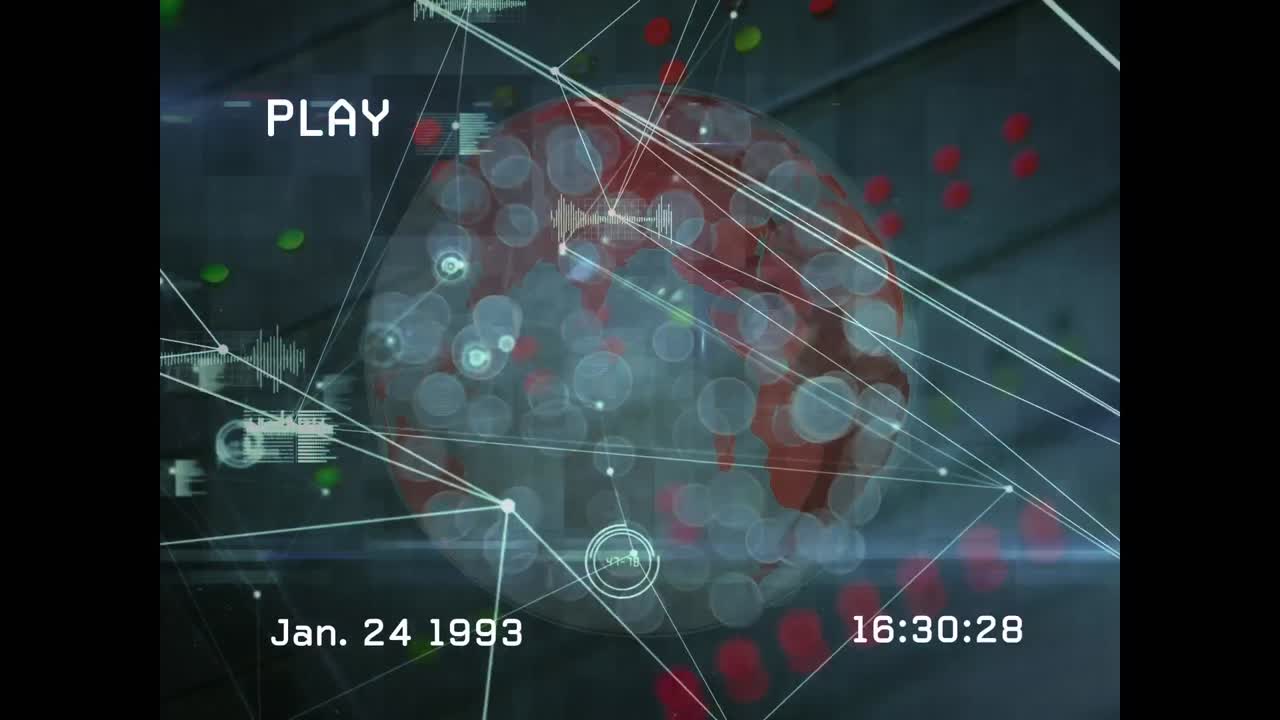 Animation of data processing and globe on black background