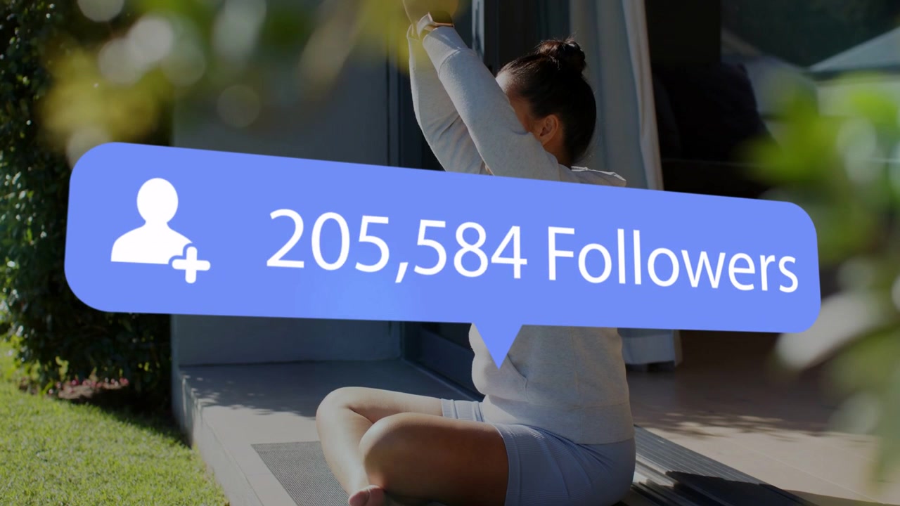 Fans surging woman sitting step blue count bubble updating over chest raising palms for marketing