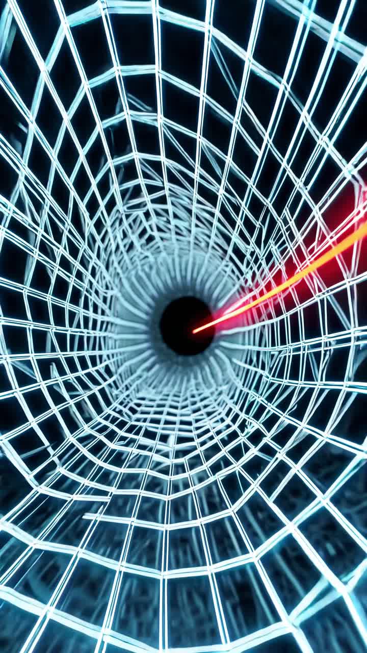 Luminous blue wireframe tunnel stretching with red accent lighting, converging geometric lines drawing viewer into deep technological digital perspective