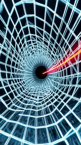 luminous blue wireframe tunnel stretching with red accent lighting, converging geometric lines drawing viewer into deep technological digital perspective