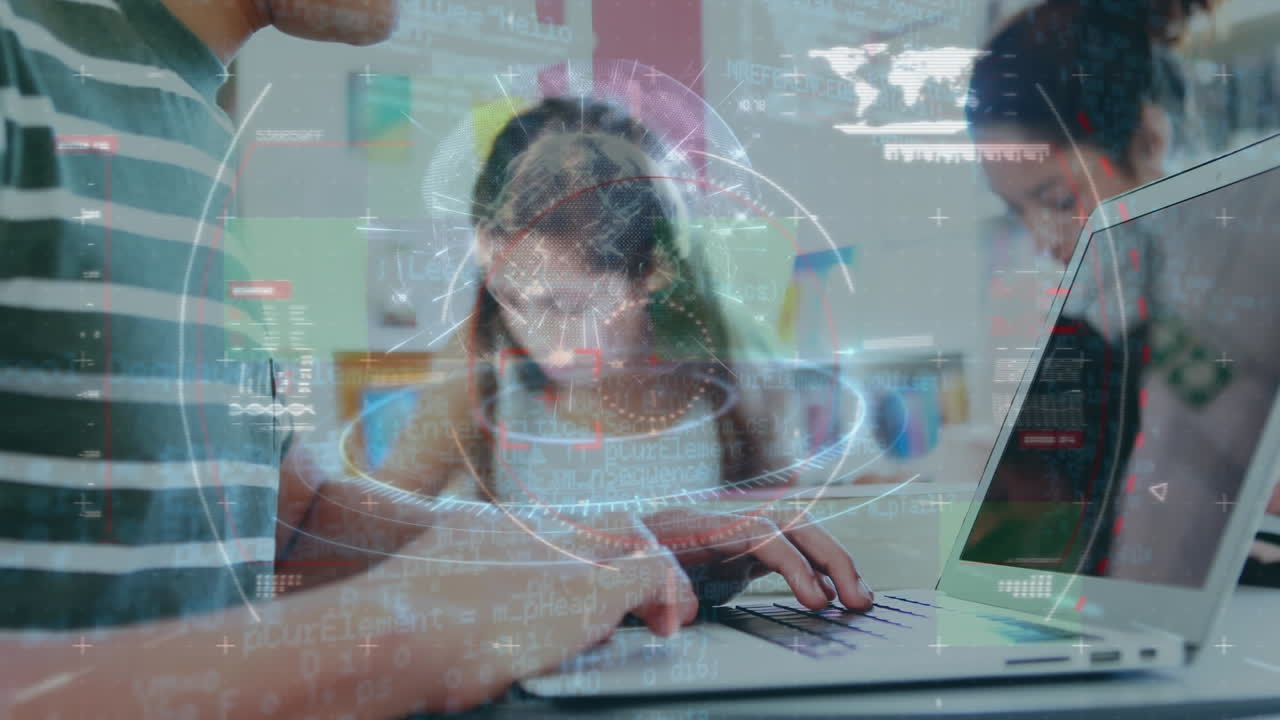 animación del procesamiento de datos en diversos estudiantes que usan computadoras portátiles