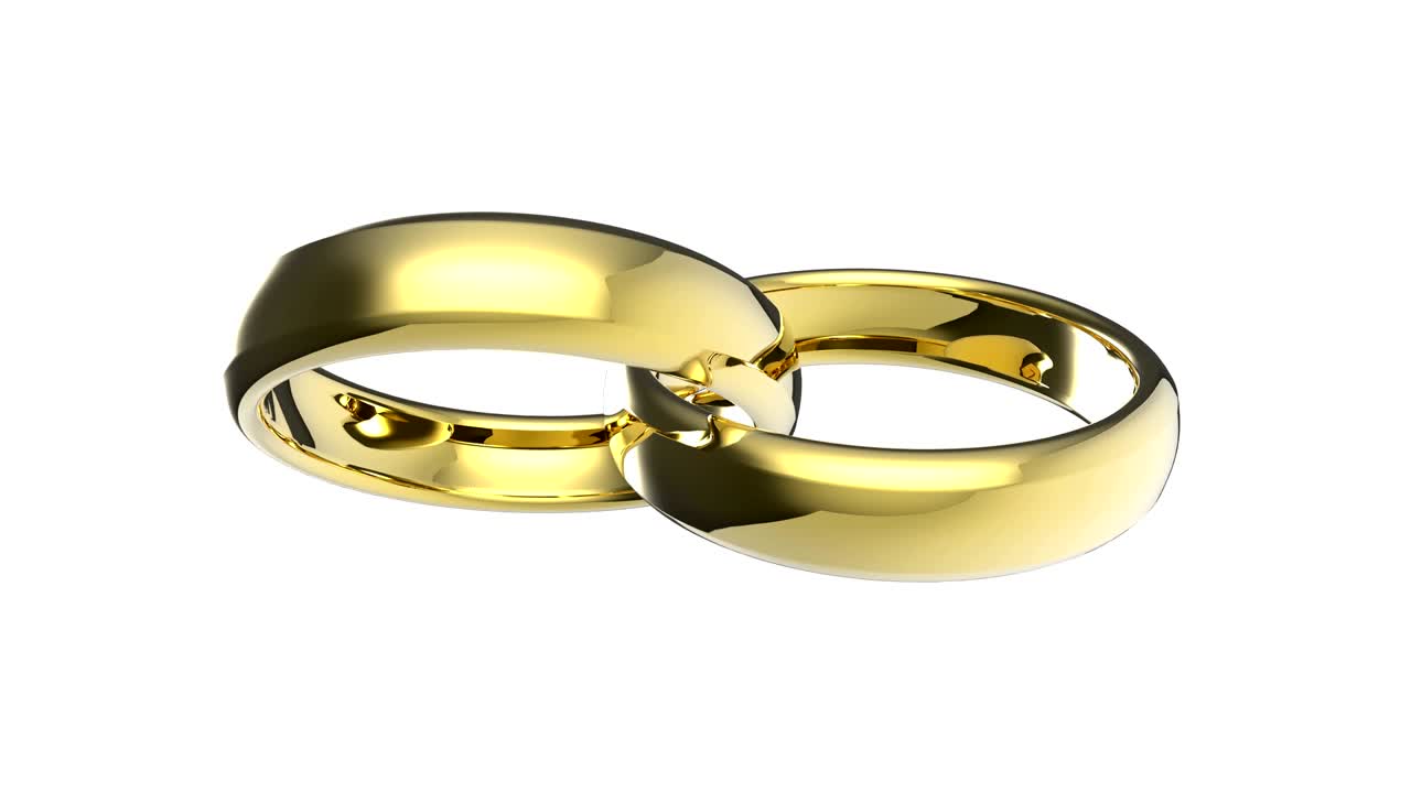 Two wedding golden rings rotate together on white background. 3D rendering
