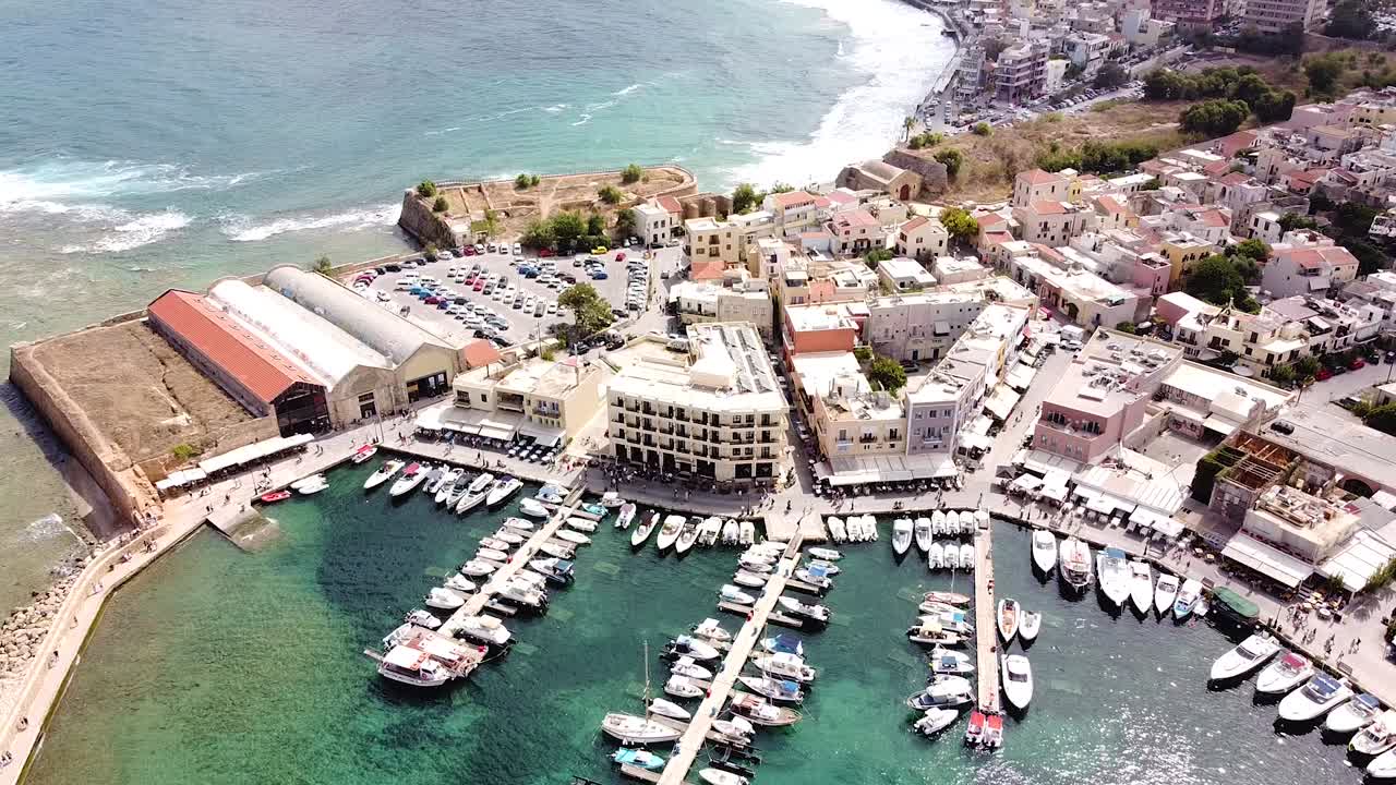 Yacht pier and downtown of Chania city, aerial view