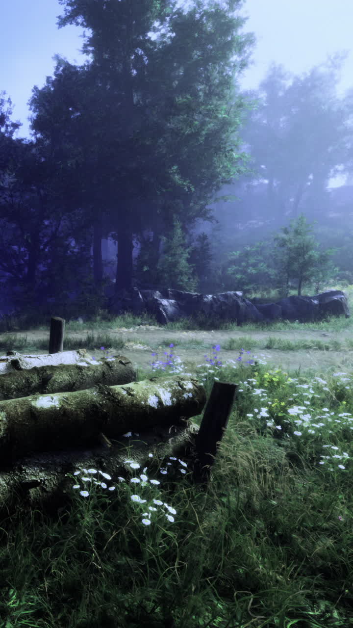 La luce del mattino illumina tronchi in una foresta con fiori selvatici in primavera.