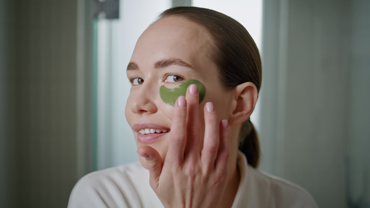 Girl using beauty patches under eyes closeup. Attractive model looking camera