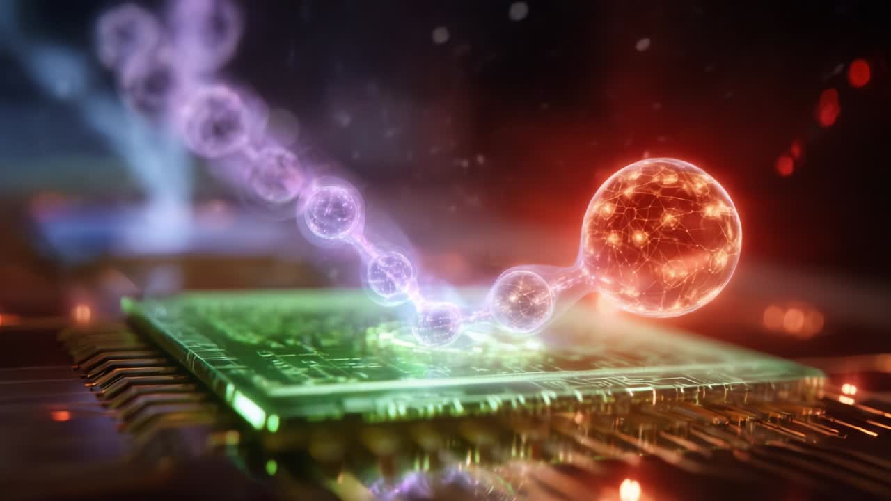 A mesmerizing transition in the realm of quantum computing, showcasing the interaction between particles and a microchip through vivid light trails, symbolizing advanced technologies and innovation