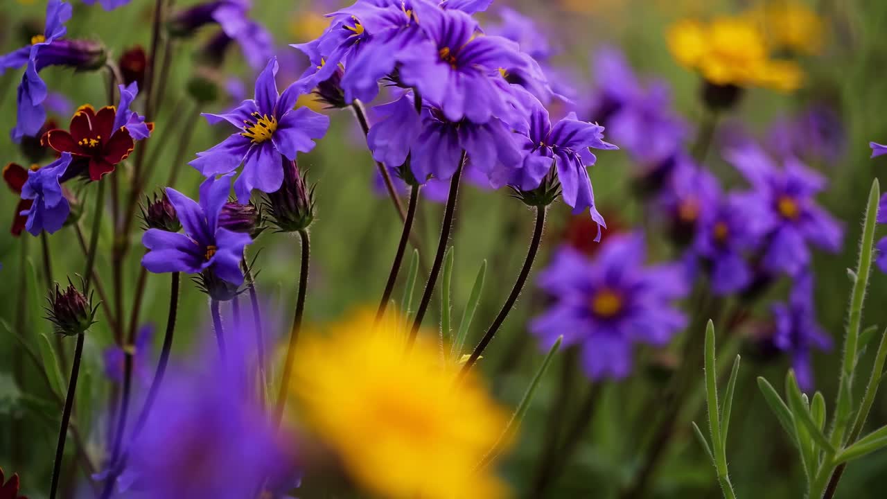 Flores silvestres vibrantes en morado y amarillo llenan el encuadre, capturadas en un plano contrapicado.