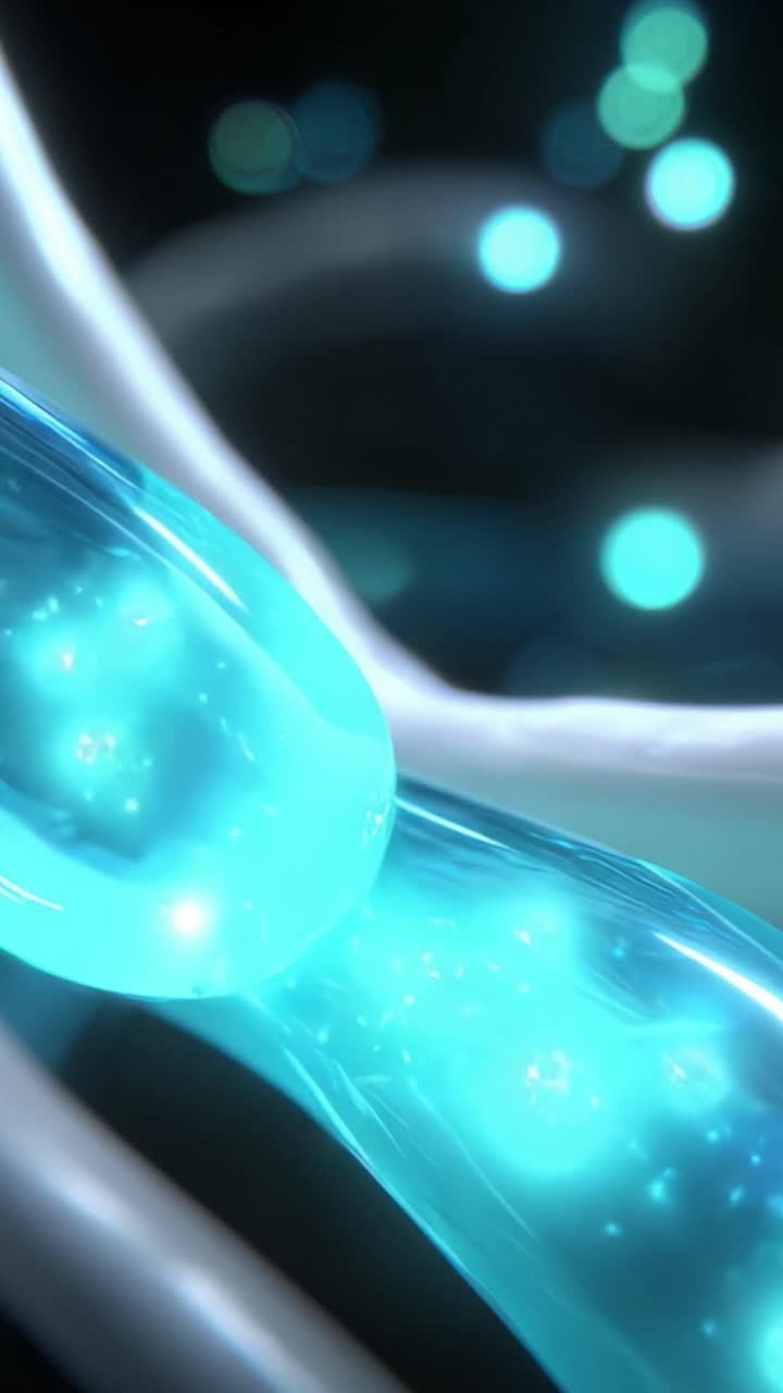 Un bellissimo primo piano di cellule blu eteree e luminose, intrecciate in filamenti luminescenti, che creano un'immagine accattivante di interazione e dinamiche fluide nello spazio 3D.
