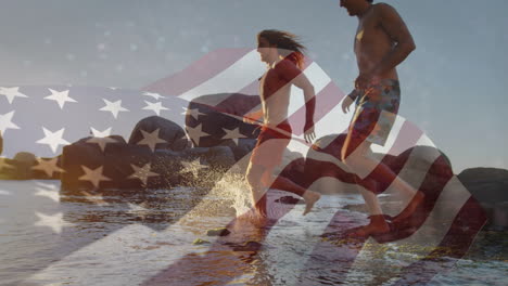 animation of flag of usa over diverse group of friends at beach