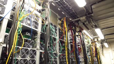 server room with extensive wiring and equipment