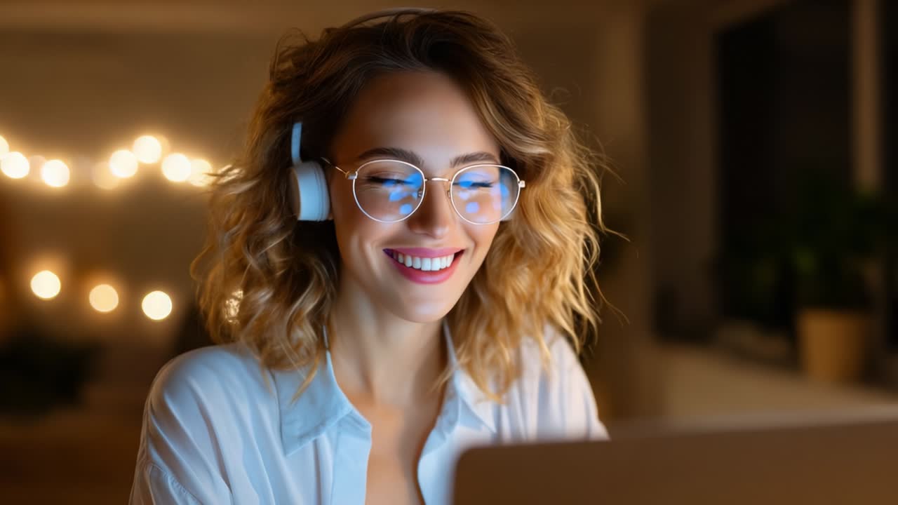 Una giovane donna con i capelli ricci sorride al suo portatile mentre indossa le cuffie in un ambiente accogliente, illuminato da luci soffuse che creano un'atmosfera calda e invitante intorno a lei.