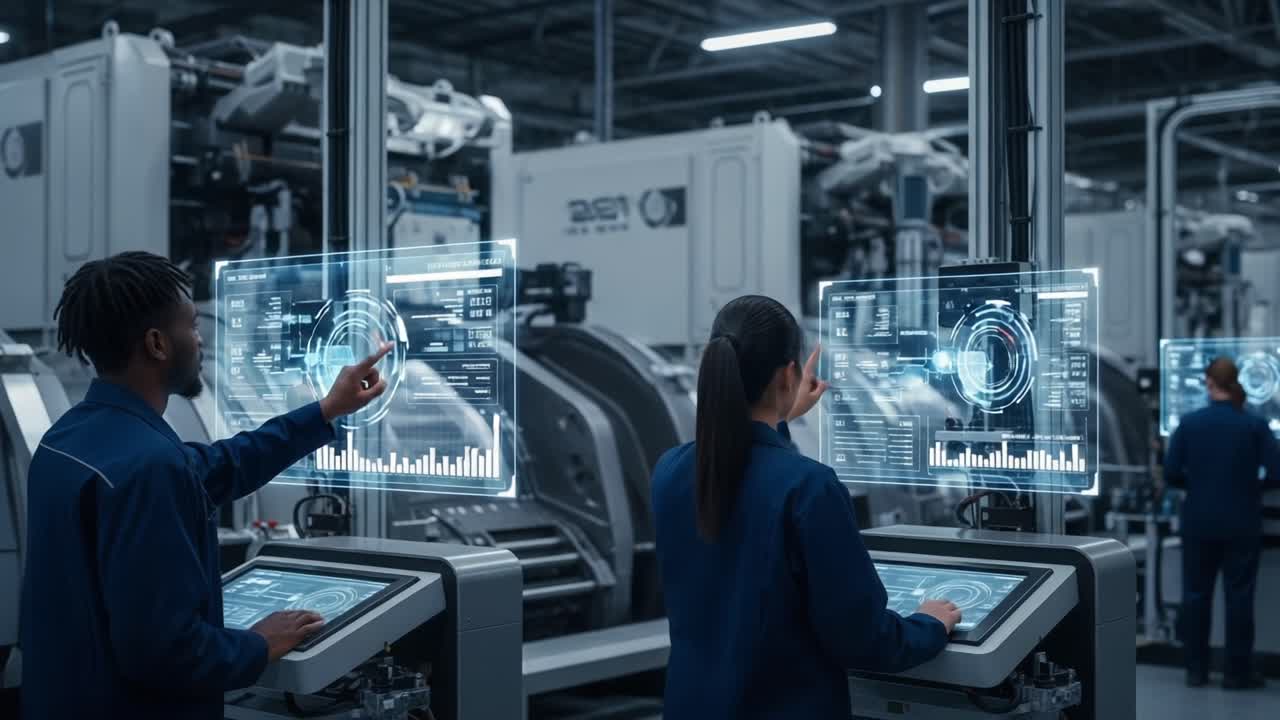 Advanced Automation in Manufacturing: Workers Interacting with Digital Interfaces in a High-Tech Industrial Environment