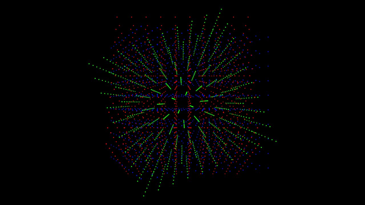 Cubes generated from a matrix of red, green, blue dots on a black background. 3 cubes that rotates on itself made with a grid.