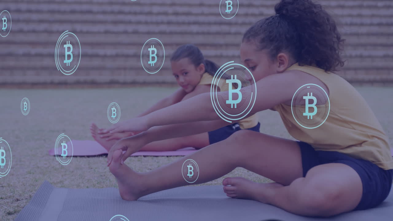 In school, children stretching on yoga mats with Bitcoin symbols in animation