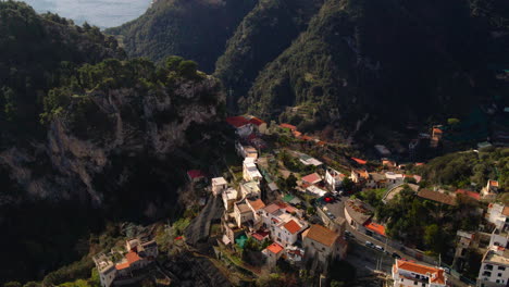 lush amalfi mountain valley town aerial view rising over idyllic italian village landscape