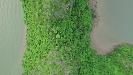 Top-down-aerial-view-of-an-island-in-Ha-Long-Bay,-Vietnam,-highlighting-its-unique-landscape-and-natural-beauty