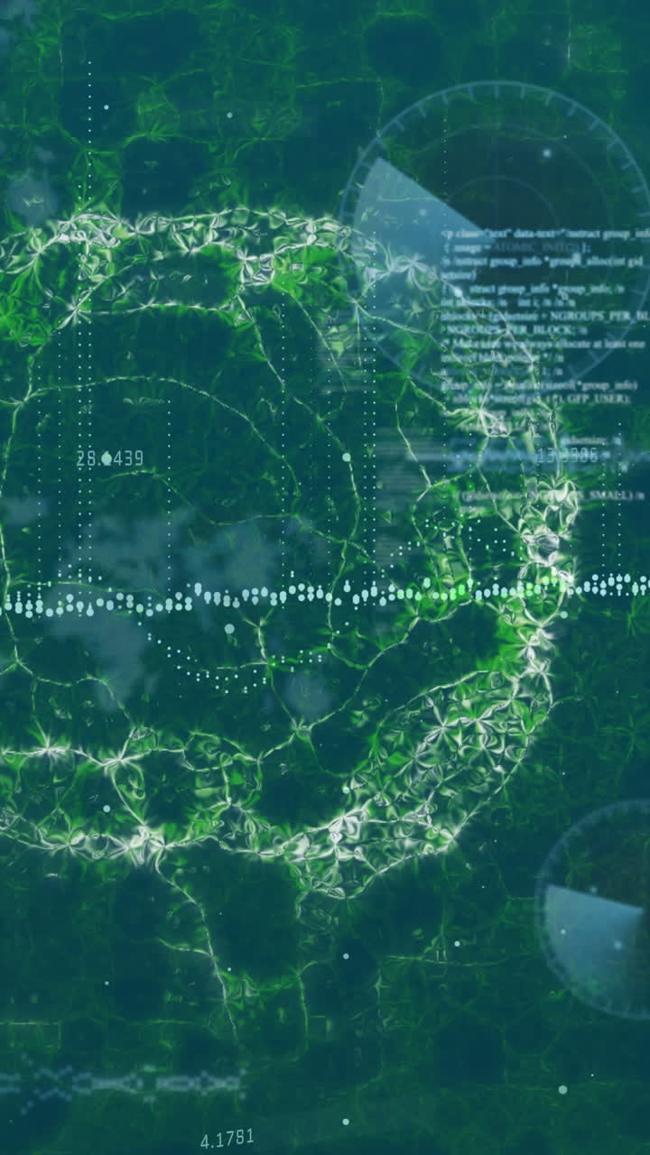 Animation of data processing and human brain spinning over digital screen