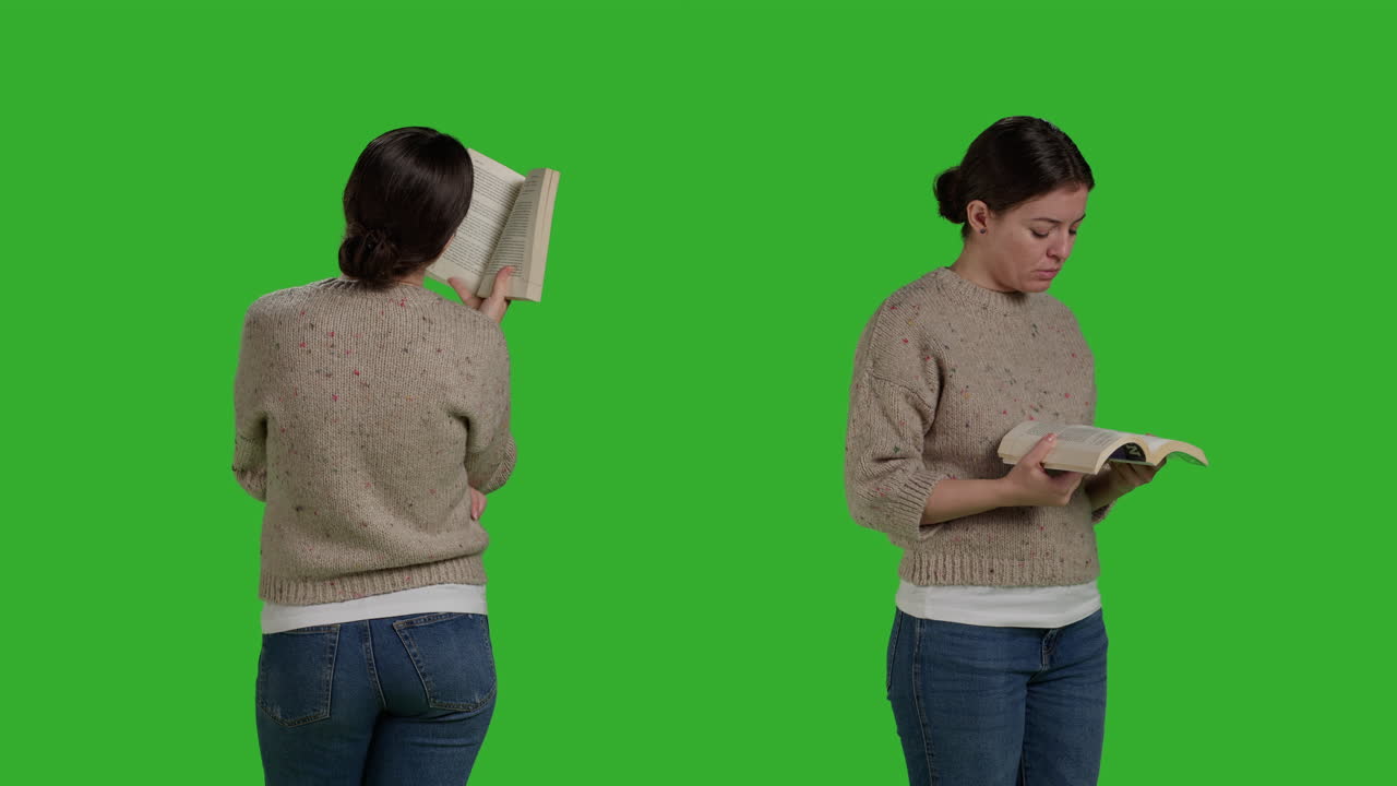 Mulher lendo um livro em tela verde