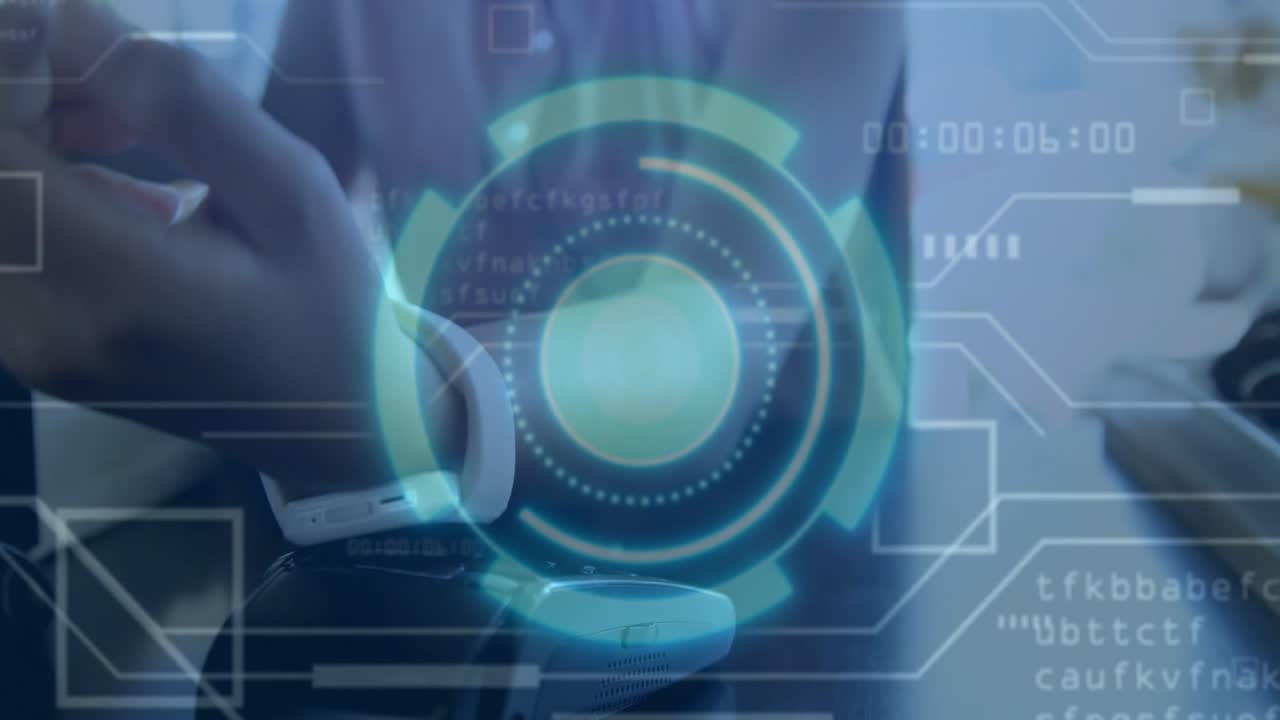 Office woman grabbing scanner and aligning smartwatch under holographic UI scanning data for IT use