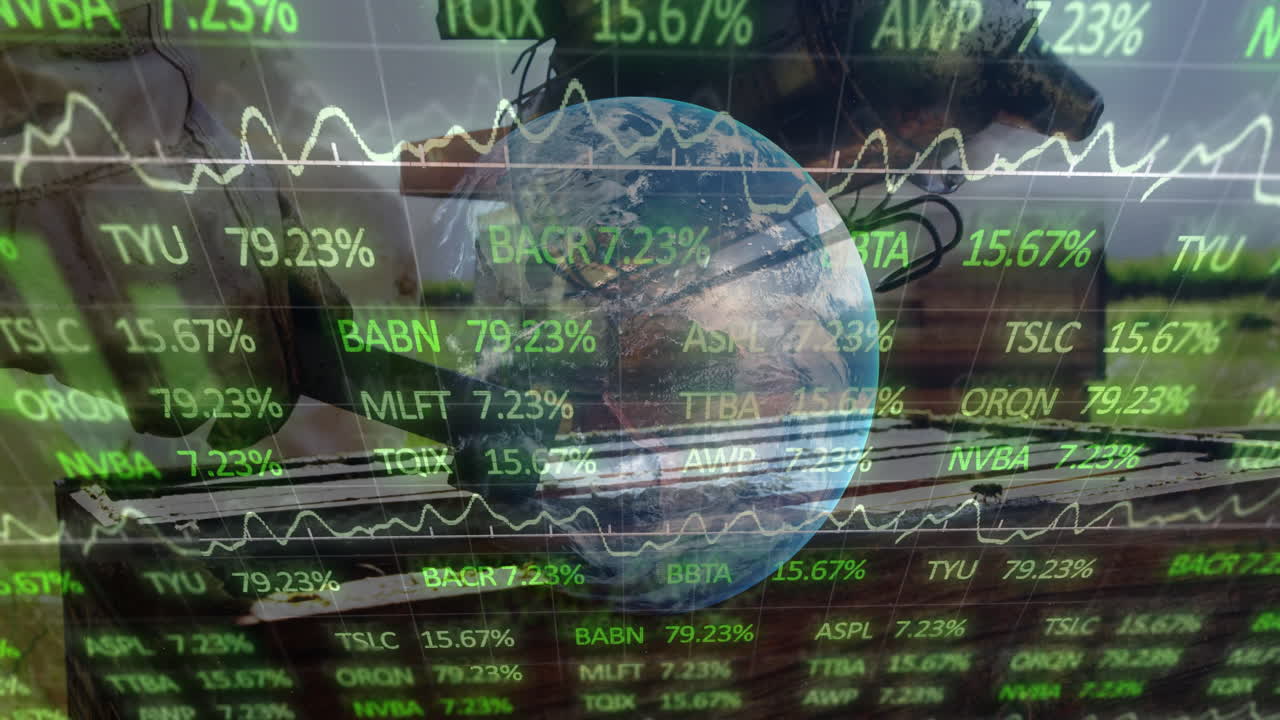 Animation of fluctuating stock market data overlaid on Earth globe in school