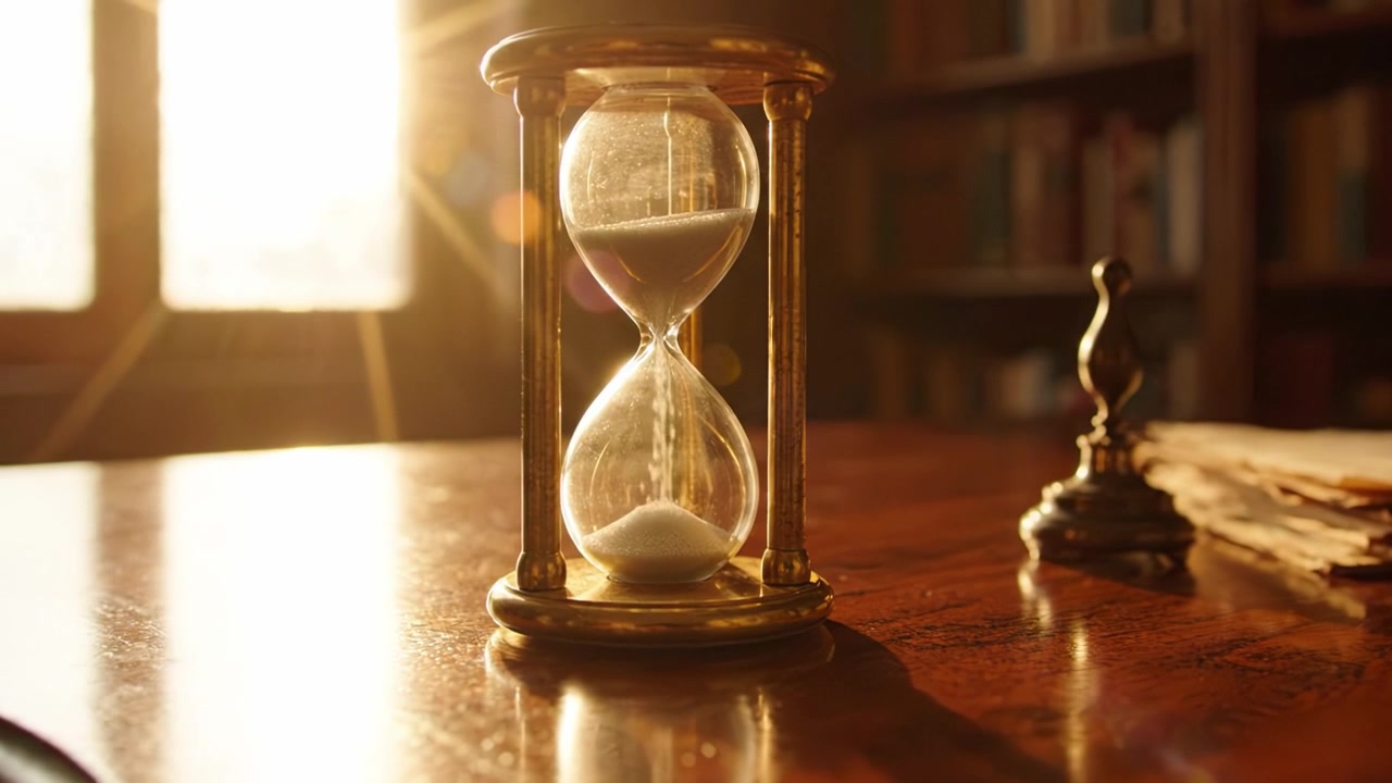 Un'Elegante Clessidra Poggia su un Antico Tavolo di Legno, Catturando l'Essenza del Tempo con la Luce del Sole che Filtra da una Finestra sullo Sfondo, Evocando Nostalgia.