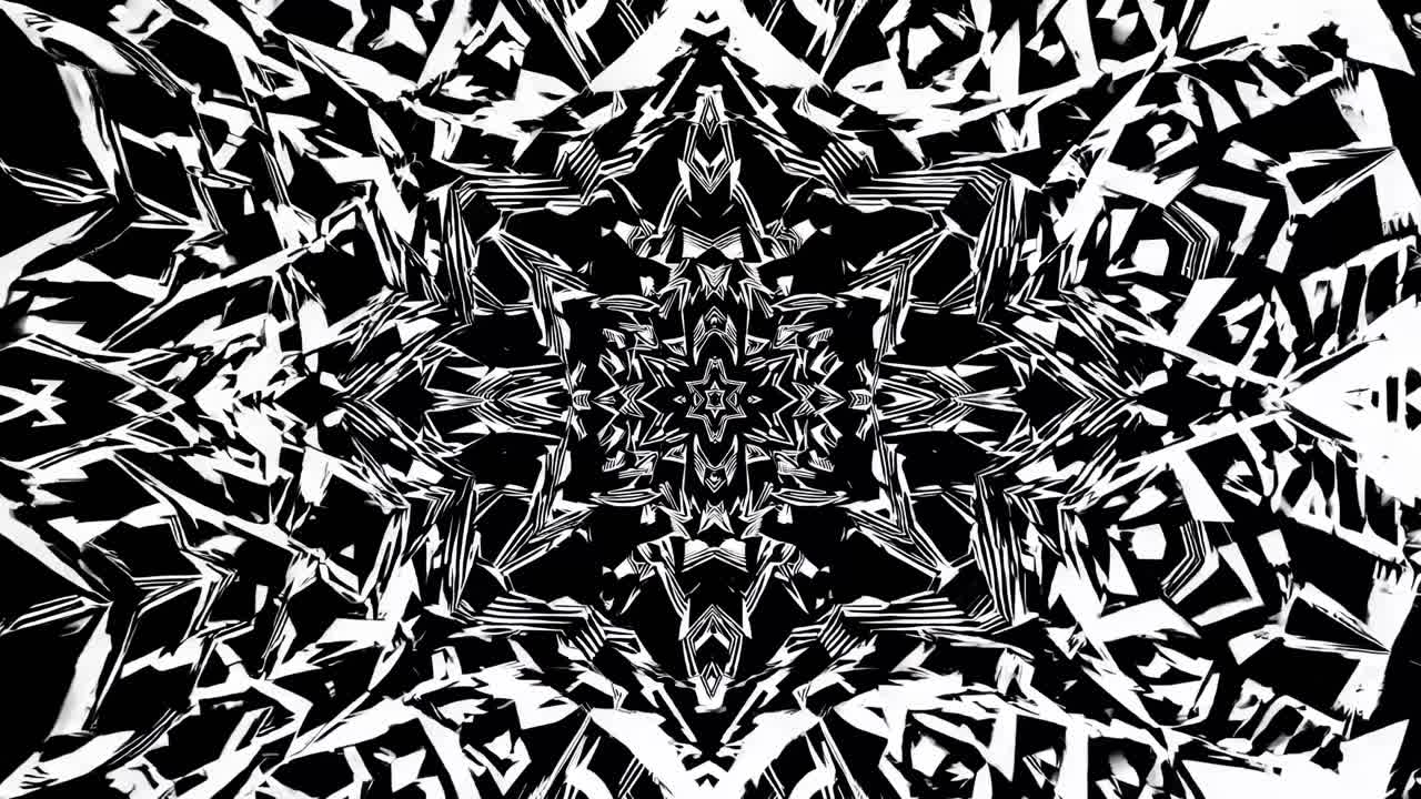 Un motivo caleidoscopico in bianco e nero con forme geometriche nette, visto da un angolo dall'alto verso il basso