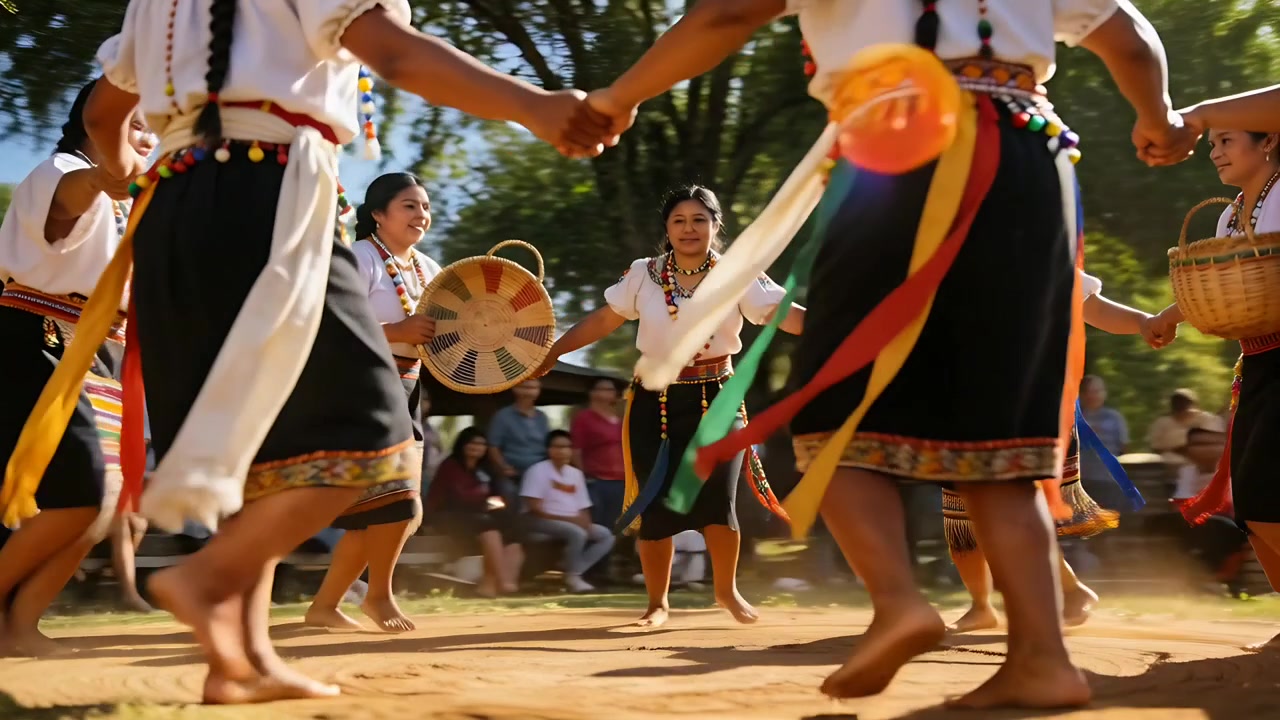 Mulher batendo tambor, liderando dançarinos pisando no sentido horário em uma clareira, usando borlas, para um ritual.