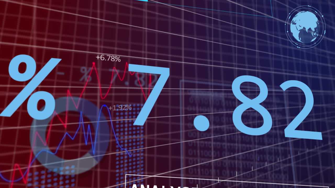 Animazione di grafici multipli, numeri in evoluzione, globo e linguaggio informatico su sfondo nero