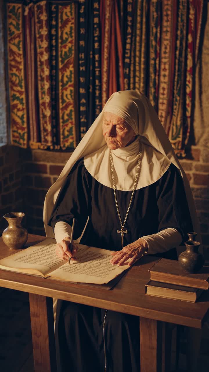 A nun writing in a medieval setting, captured from a low angle