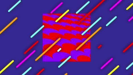 Animation-of-colourful-lines-moving-diagonally-over-square-of-wavy-stripes-and-purple-background