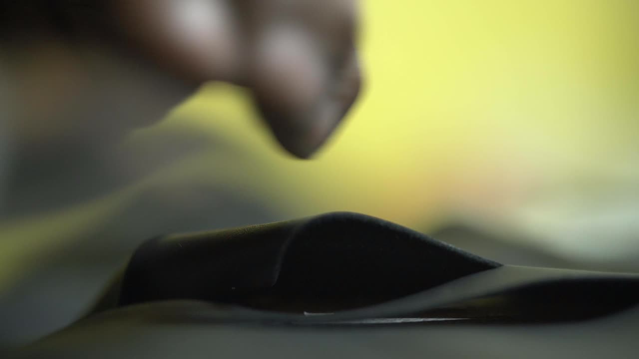 Macro Shot Of Scissors Cutting Leather, Designer Clothing Production For Manufacturing Industry