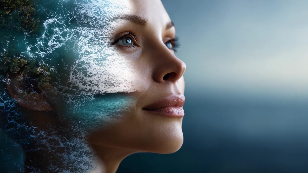 Una donna serena con le onde dell'oceano riflesse sul suo viso, che simboleggia la profonda connessione tra natura ed emozioni umane in un'ambientazione artistica da sogno.