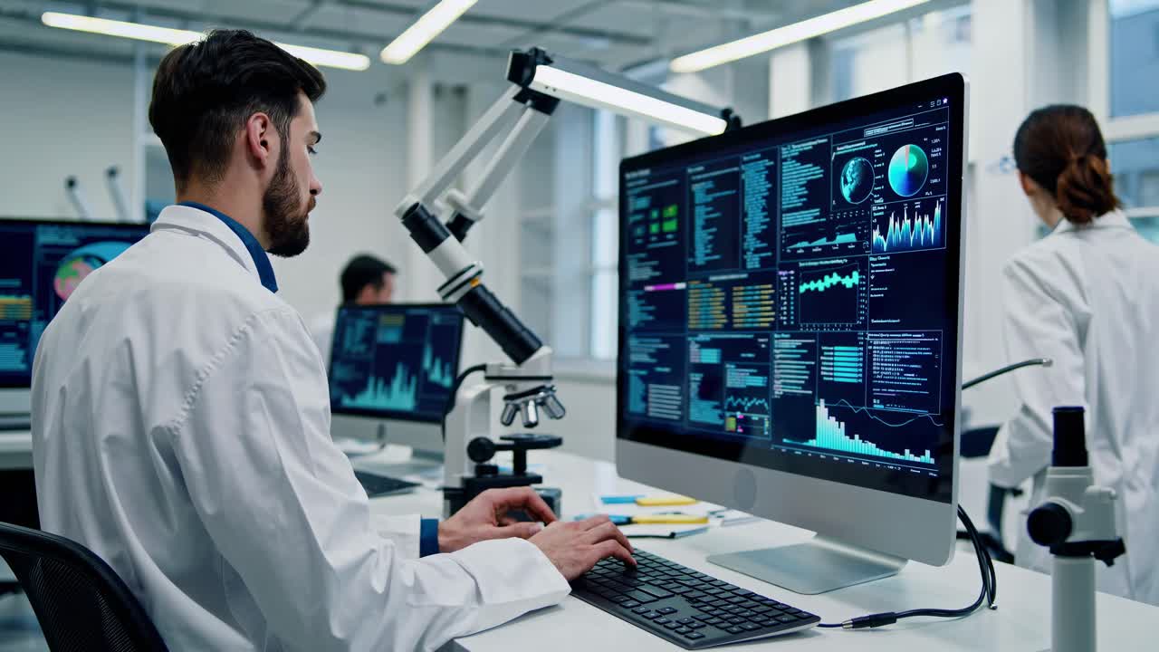 Scientists in a modern laboratory working with data analysis on multiple computer screens