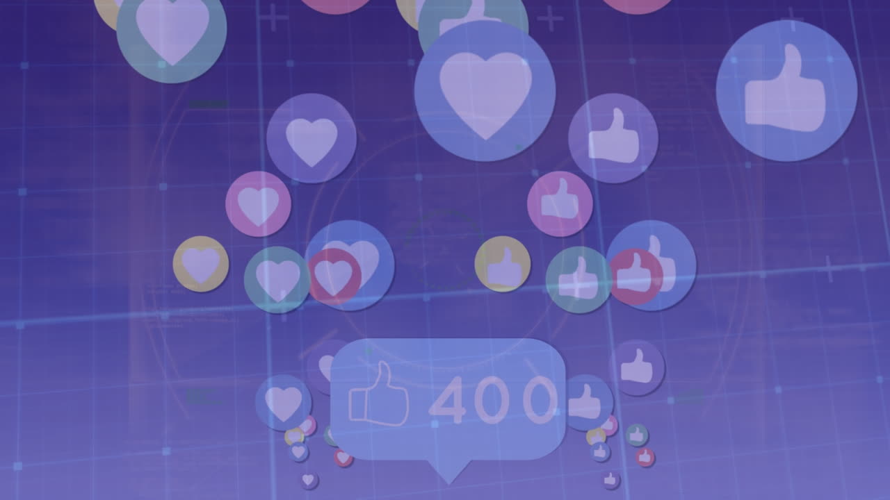 소셜 미디어 아이콘의 애니메이션과 파란색 배경의 증가하는 수