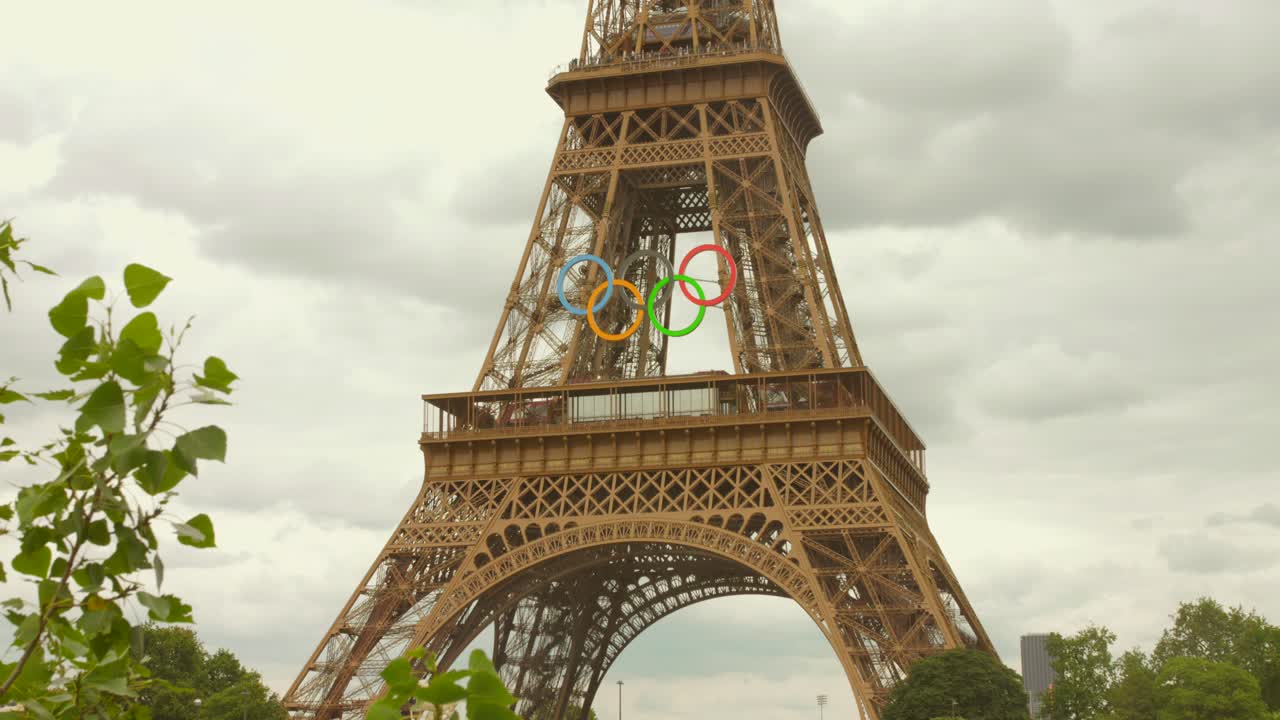 Eiffel Tower adorned with Olympic Rings in Paris