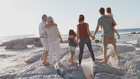 familia de varias generaciones en vacaciones de verano de pie en las rocas mirando hacia el mar