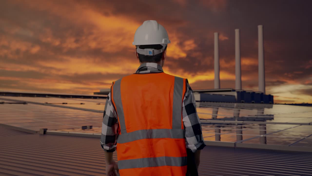 Back of Asian Male Engineer Holding Tablet While Walking and Inspecting Solar Panels on Rooftop at Sunset