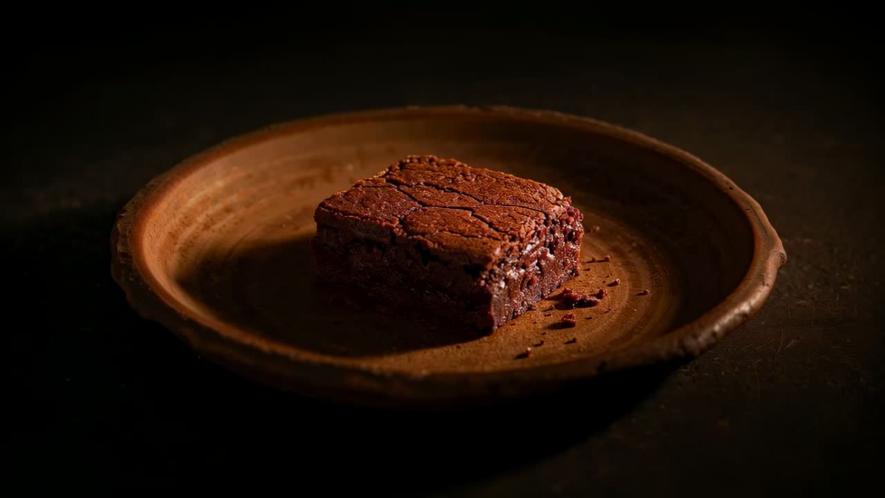 Trekker tilbake ramme og belysning som avslører brownie på studio-tallerken, fremhever tekstur og smuler