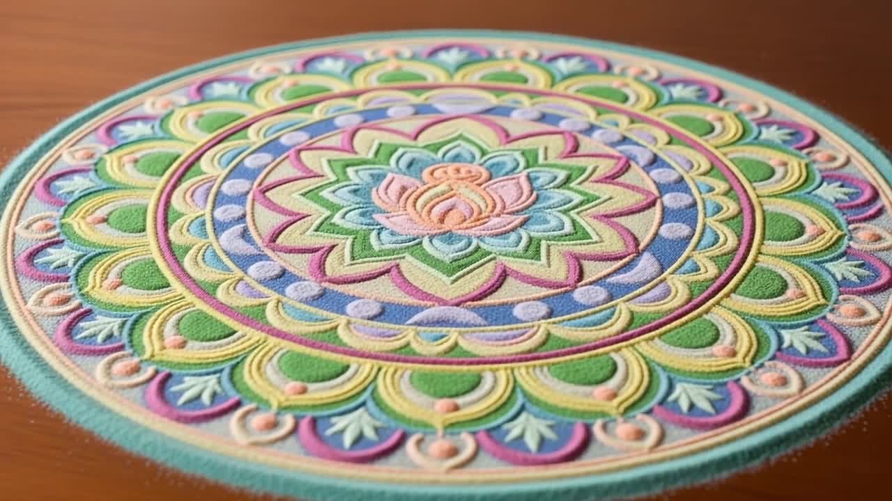 Design Intricato di Mandala: Una Vivace Esposizione di Motivi Colorati e Simbolismo Catturata in Due Splendidi Fotogrammi, che Mostra Arte e Spiritualità.