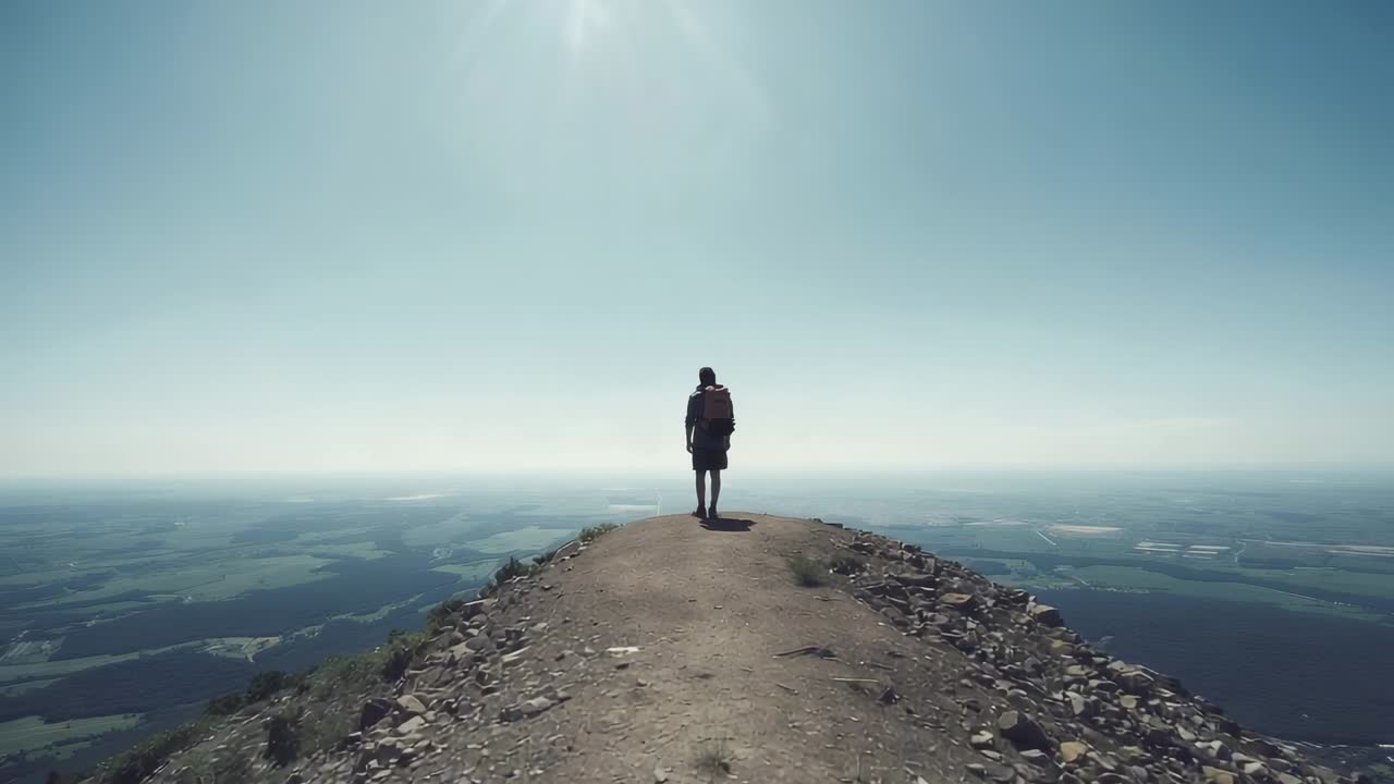 Following sun hiker wearing hoodie and shorts stepping toward ridge tip, backpack showing