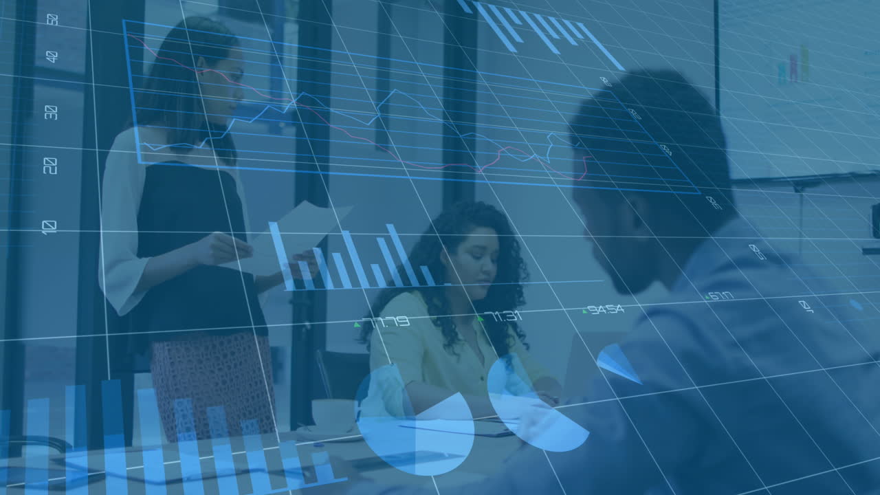 Animation of multiple graphs with changing numbers, diverse coworkers discussing reports in office