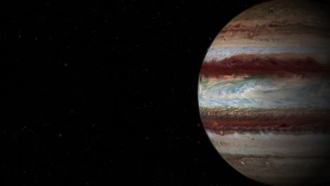 cgi composite: planet jupiter rotating screen-right, half lit with a starry background