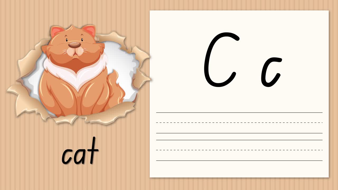 Lezione di scrittura animata che insegna la lettera C usando un'illustrazione di un simpatico gatto su sfondo di cartone.