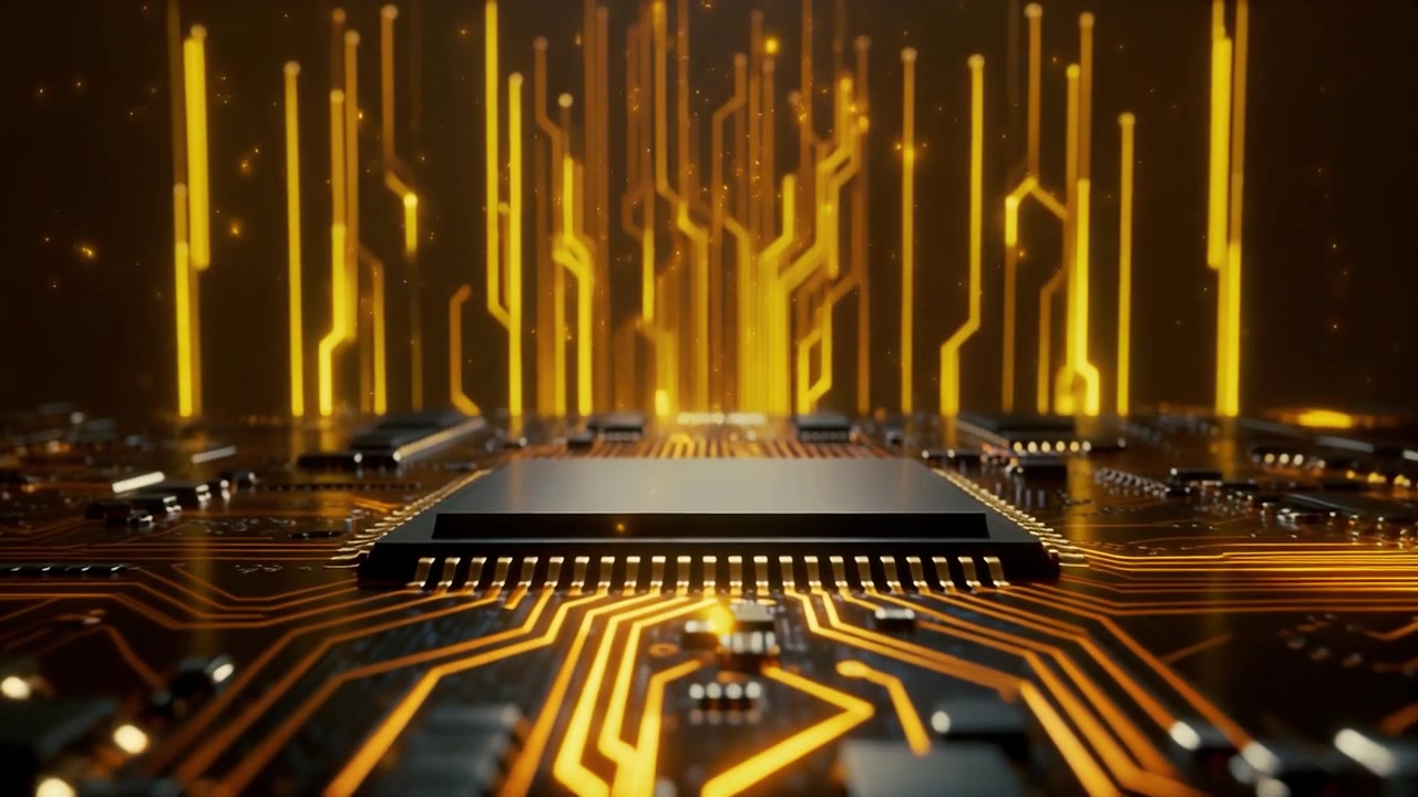 Nærbillede af en computerprocessor på et glødende printkort