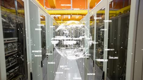 animation of business texts and globe over server room