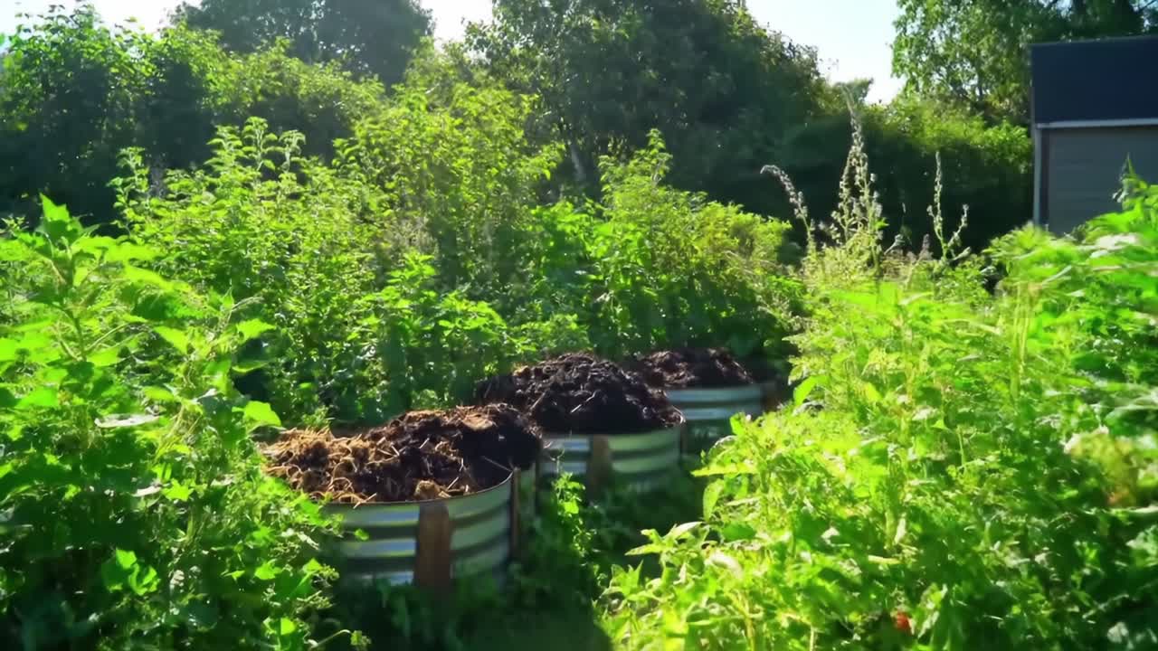 A Lush and Fertile Garden Scene Showcasing Vibrant Greenery Surrounding Compost Bins Filled with Rich Organic Matter, Reflecting a Thriving Ecosystem in Nature